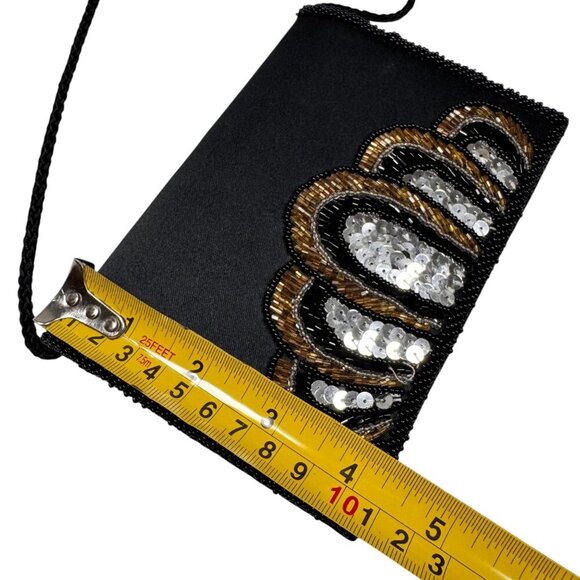 VTG Small Evening Bag Black Satin Embellished Beaded Sequins Event Glam - Picture 8 of 10